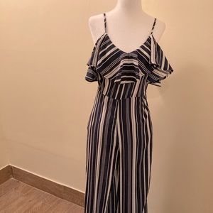 NWOT Navy Stripe Ruffle Jumpsuit
